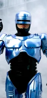 Futuristic blue metal armored figure in mist.