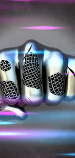 Futuristic metallic fist with neon lights.