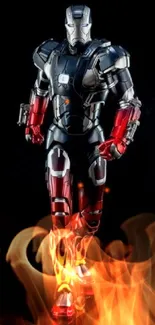 Futuristic metal hero with red accents on black background.