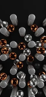3D metallic abstract wallpaper with silver and copper cylinders on a dark background.