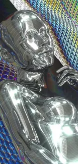 Futuristic metallic 3D humanoid on holographic patterned background.