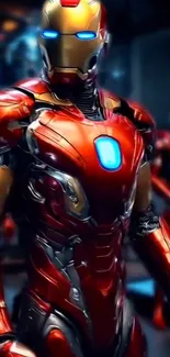 Futuristic metallic armor with glowing accents in a sci-fi theme.