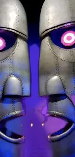 Futuristic metallic faces with neon eyes against a purple background.