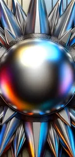 Futuristic metallic sphere with vibrant prismatic spikes.