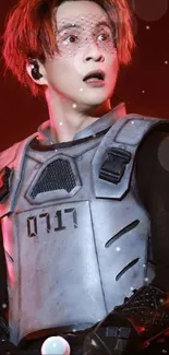 Person in futuristic metallic costume with a vivid red background.