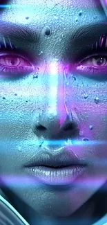 Futuristic metallic face with blue hues and purple accents as mobile wallpaper.