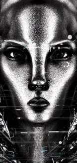 Futuristic metallic face with intricate details and monochrome style.