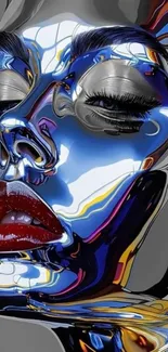 Futuristic metallic face art with chrome reflections.