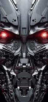 Futuristic metallic face with red eyes skyline