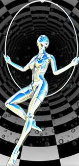 Futuristic metallic figure on a checkerboard background in digital art style.