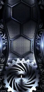 Futuristic wallpaper with metallic gears and hexagonal pattern in dark tones.