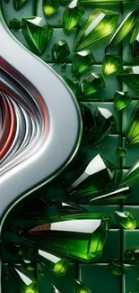 Futuristic metallic and green jewel design wallpaper.