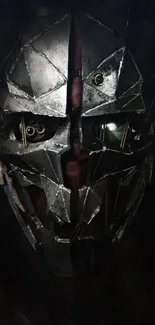 Futuristic metallic mask on dark background.