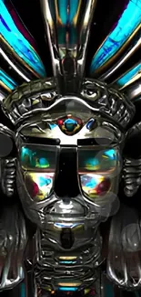 Futuristic metallic mask with teal accents on mobile wallpaper.