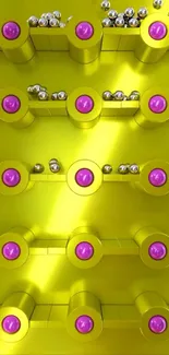Futuristic metallic design with vivid yellow cylinders and purple accents.