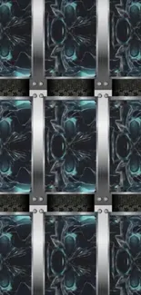 Futuristic metallic pattern wallpaper with teal and gray tones.