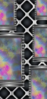 Futuristic metallic phone wallpaper with vibrant colors and digital design.