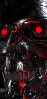 Metallic robot with red eyes on a dark background.