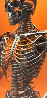 Futuristic metallic skeleton on vibrant orange background.