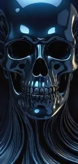 Futuristic metallic skull with intricate design on a dark background.