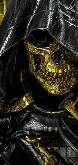 Futuristic metallic skull design mobile wallpaper in gold and black.