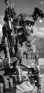 Soldier in advanced armor with digital overlay in grayscale.