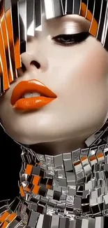 Futuristic mirrored woman with vibrant orange accents.