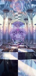 Futuristic digital art with mirrored pillars and a glowing face.