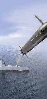 Futuristic missile over ocean with a naval ship in the background.