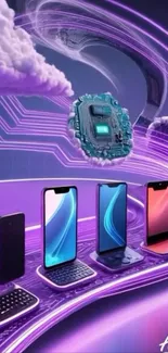 Futuristic mobile phone illustration with neon colors.