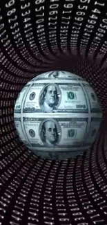 Futuristic digital money sphere in a tunnel with binary code backdrop.