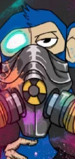 Futuristic monkey wearing a gas mask with neon colors and graffiti style on wallpaper.