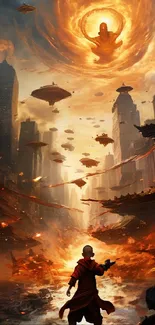 Monks in a futuristic cityscape with fiery skies.