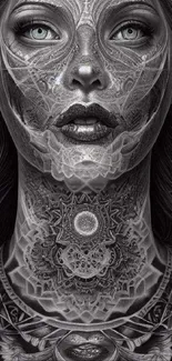 Monochrome futuristic art wallpaper with intricate face design.