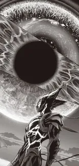 Futuristic character in a cosmic monochrome art setting with a giant eye backdrop.