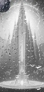 Futuristic monochrome tower with raindrops and cosmic background.