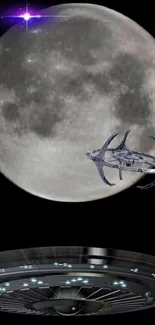 Futuristic spacecraft flying near the moon with a cosmic background.