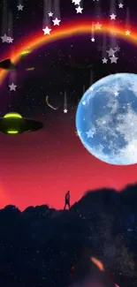 Futuristic scene with blue moon and UFOs against an orange glow.