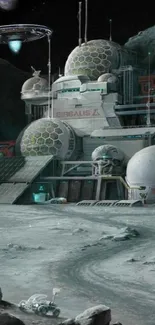 Futuristic moon base with UFO in a sci-fi setting.