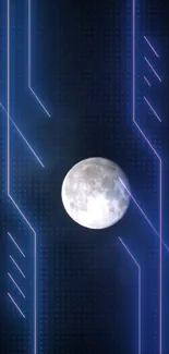 Futuristic wallpaper with moon and neon lines in dark blue background.