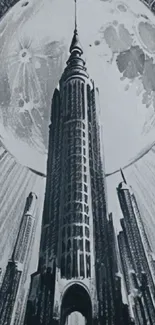 Futuristic skyscraper under a large moon in grayscale art.