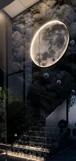 Futuristic building with moonlit wall art inside.