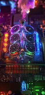 Futuristic motherboard with neon lights in vibrant colors.