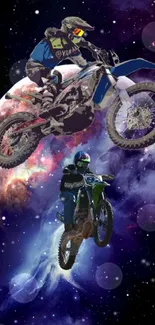 Motocross bikers performing stunts in a cosmic space backdrop.