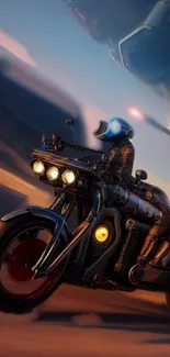 Futuristic motorcycle in sci-fi landscape with rider and glowing lights.