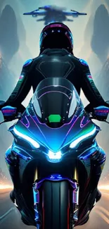 Futuristic motorcycle rider in neon-lit landscape.