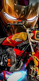 Futuristic motorcycle with vibrant design and colors in artistic wallpaper.
