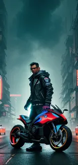 Futuristic city with a neon motorcycle at night scene.