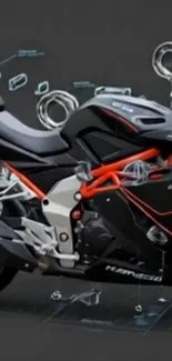 Futuristic motorcycle with digital enhancements on black background.