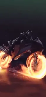 Animated motorcycle with flaming wheels in a dark, futuristic setting.